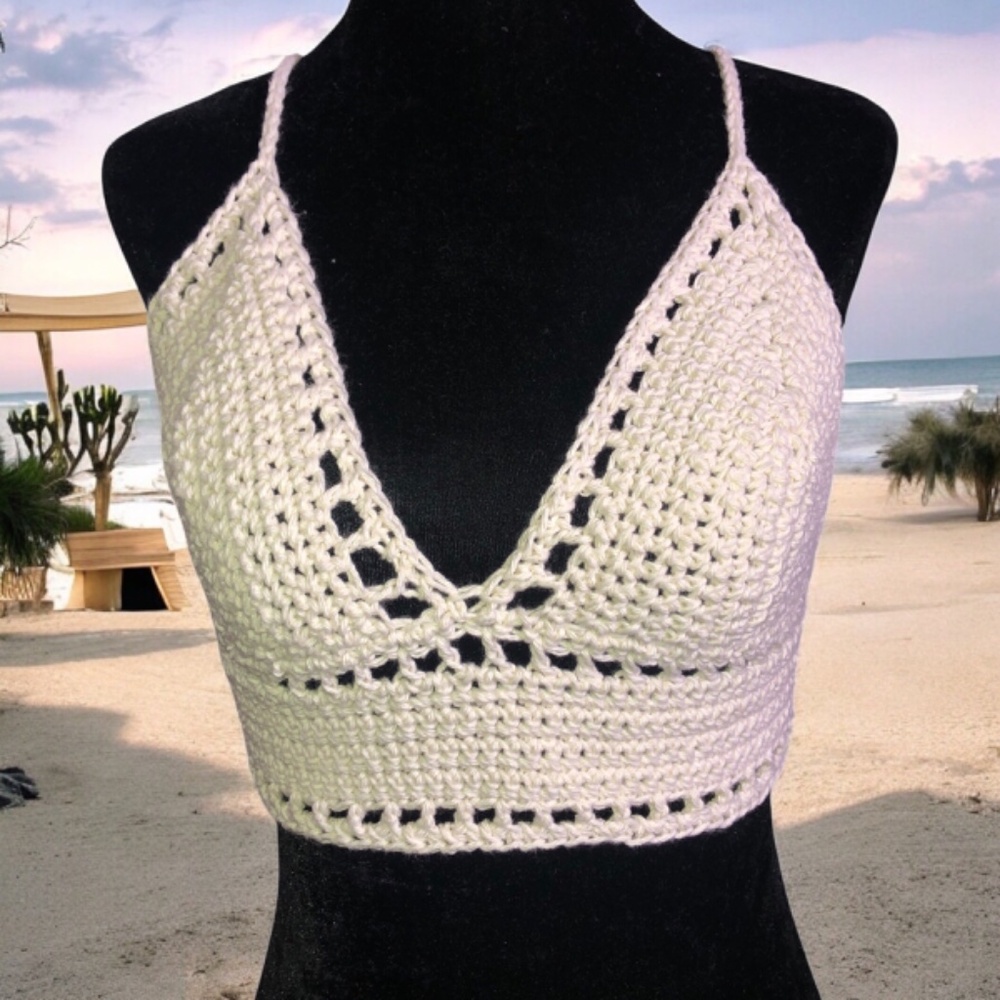 Bohemian Crochet Crop Top – Handmade Summer Bralette Bikini with Lace-Up Back